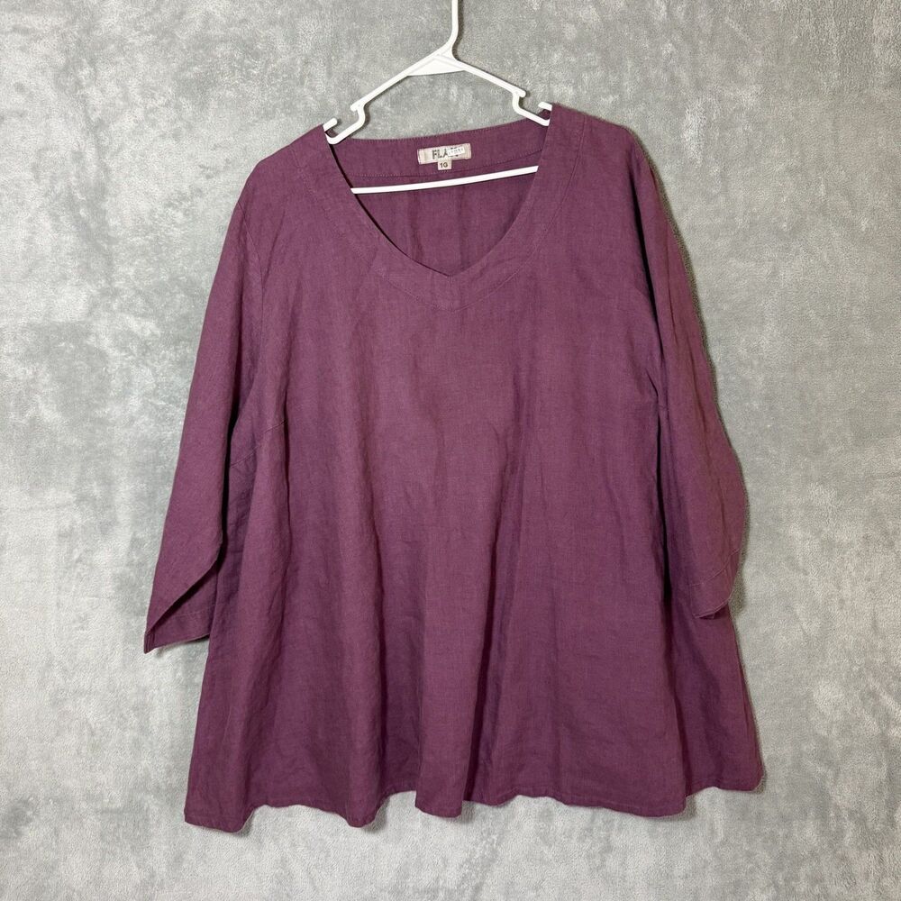 FLAX Womens 1G (1X) Purple 100% Linen V Neck 3/4 Sleeve Tunic Lagenlook